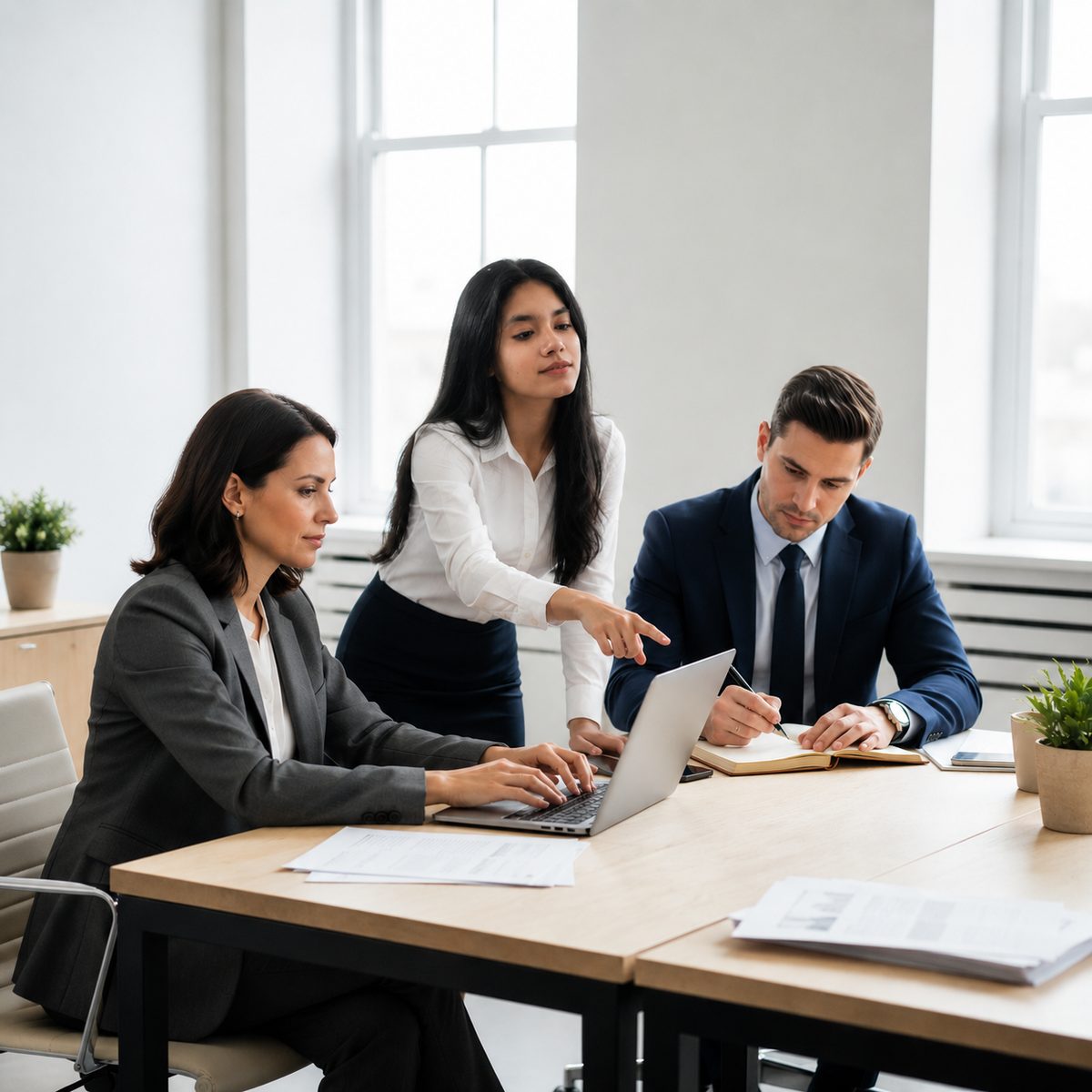 Three professionals reviewing search progress on a laptop in a meeting room